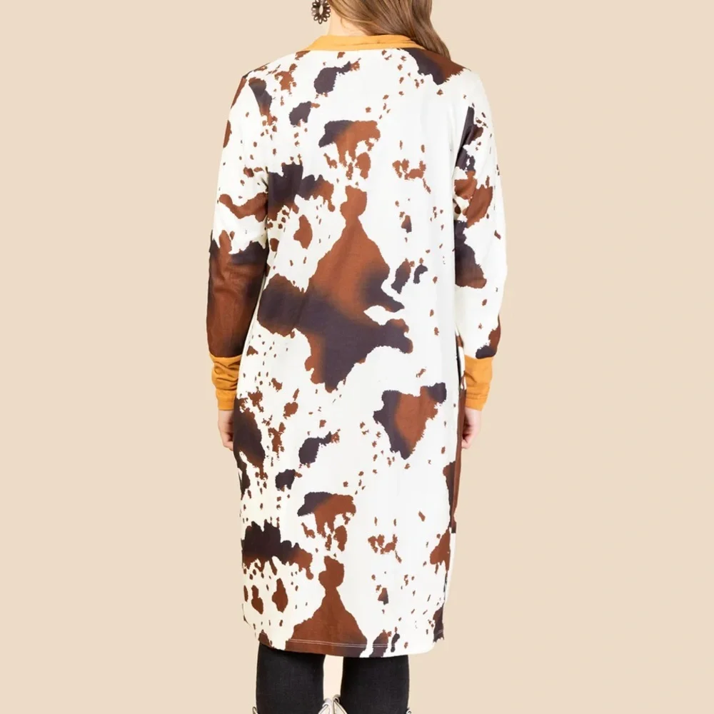 Cow Print Long Cardigan with‎ Tan and Brown Accents NWT